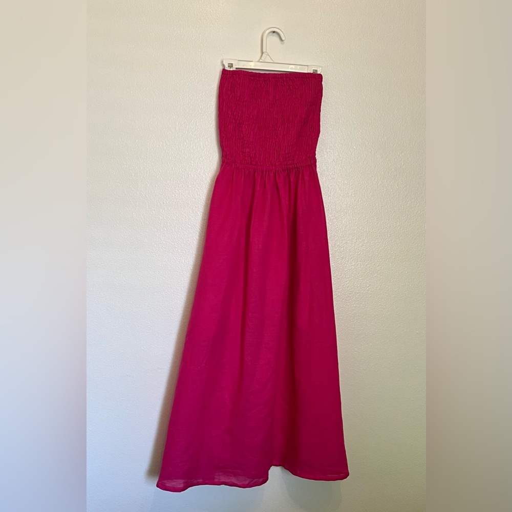 PINK NARY Shirred Tube Midi Dress in Hot Pink